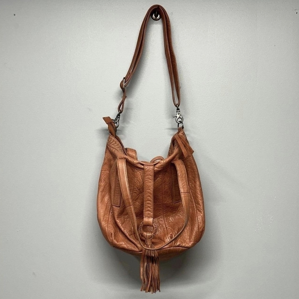 Anthropologie Burnt Orange Leather Hobo Bag with Tassel